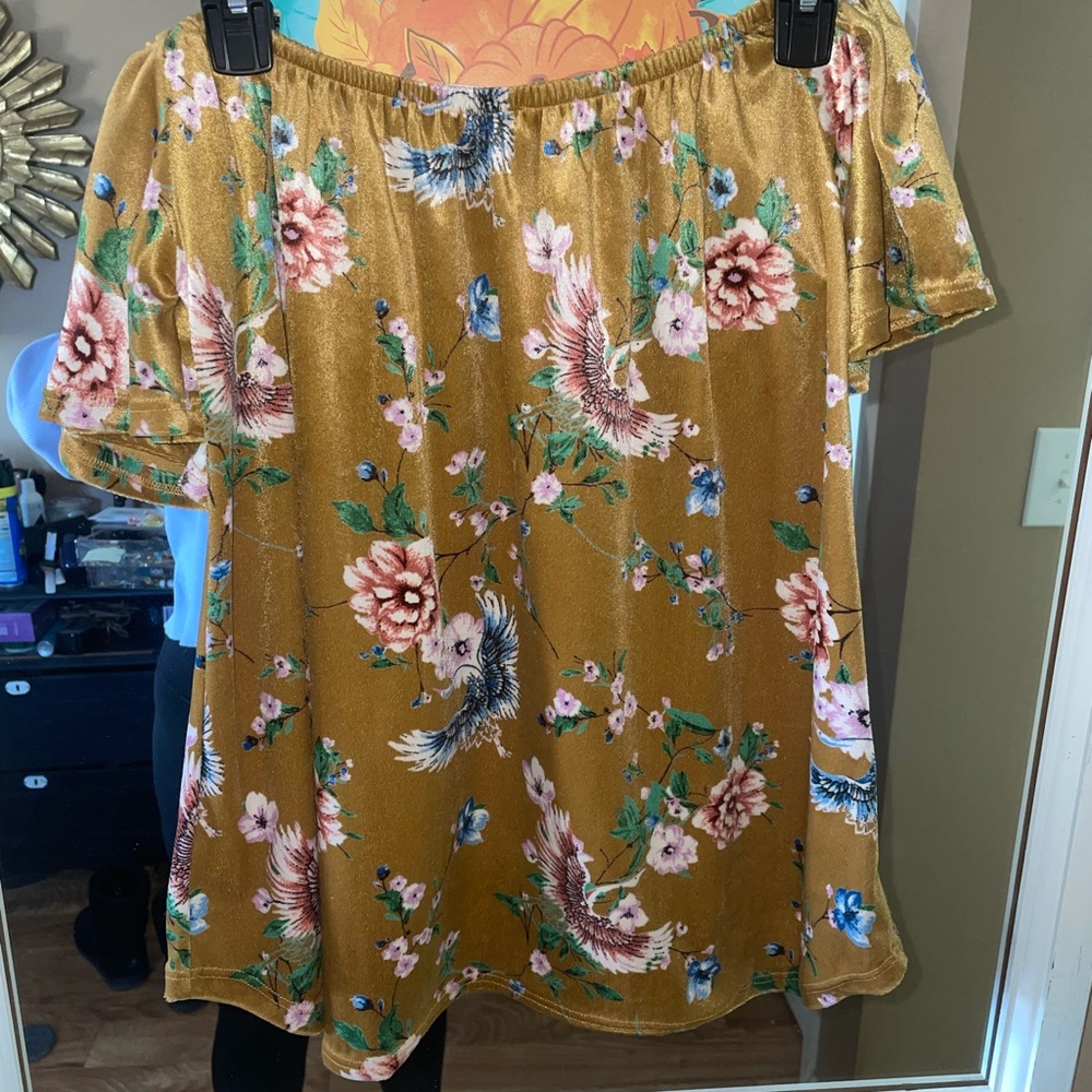 Velvet Off the Shoulder Floral Top Blouse